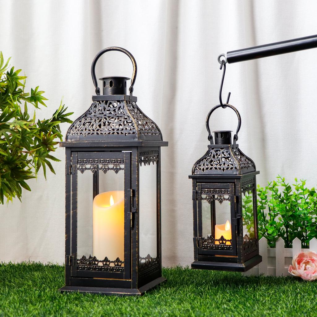 Set of Two Black Metal Lantern with Hanging Top Candle Lantern for Home Decor