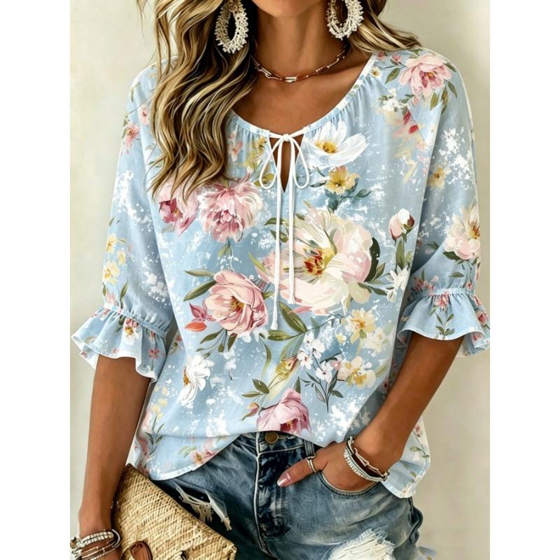 Women's Pink Floral Embroidered Tie Neck Blouse, Casual Loose Tops for Spring Summer Daily Wear & Vacation Occasions