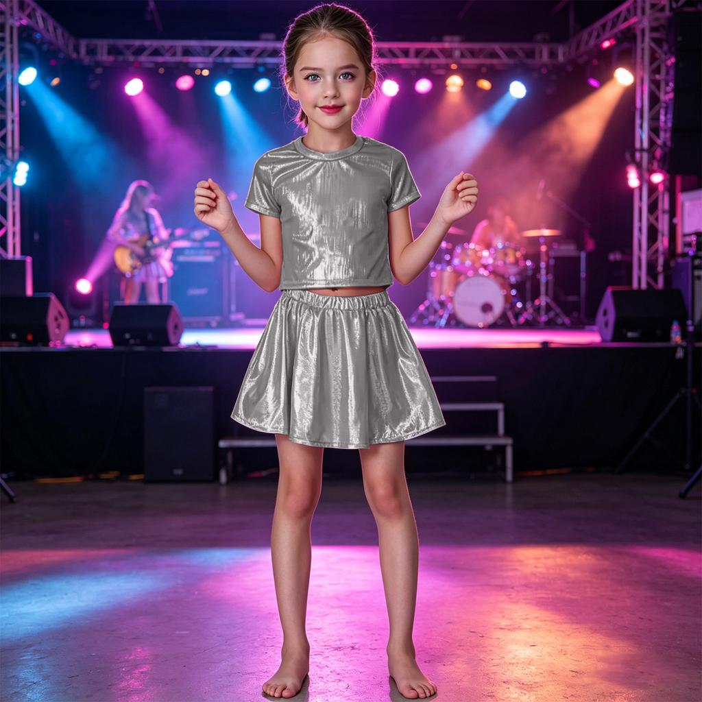 Girls Pleated Skirt Elastic Waistband Dance Skirt with Foil Laser Shine Finish Kids Skirt for Ballet Performance and Costume Use