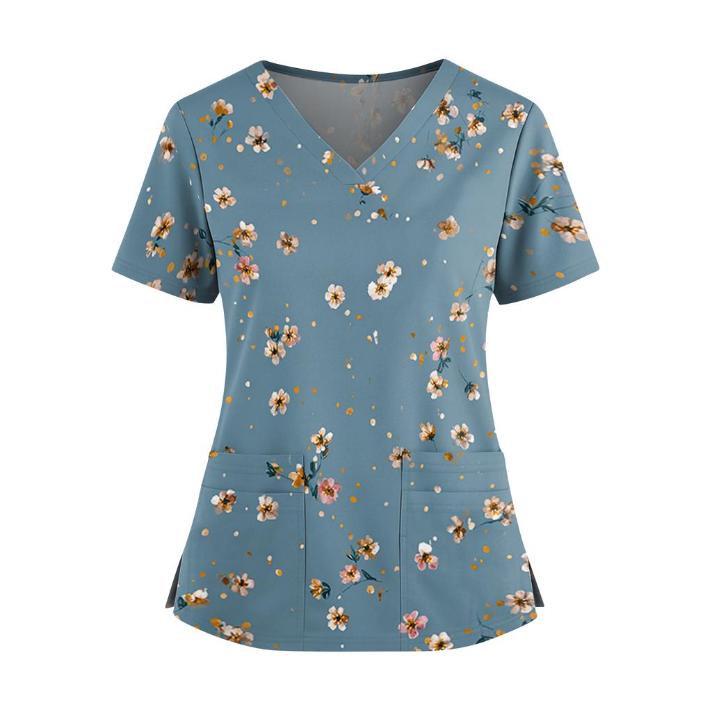 Women's floral print V-neck double pocket short-sleeved uniform/caregiver top with slits at the hem