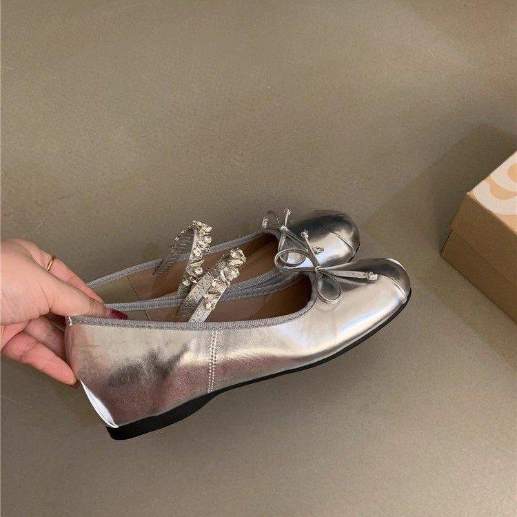 Inner Heightening Ballet Shoes Women's Flat Bow Rhinestone Mary Jane Shoes One-word Strap Shoes