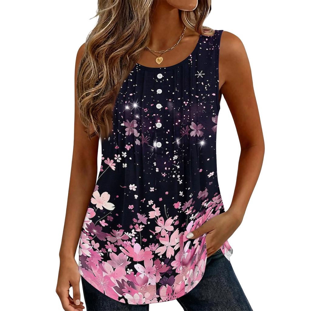 Women's Fashion Casual Retro Floral V-neck Decorated Buttoned Ruffled Sleeveless Vest T-shirt Top
