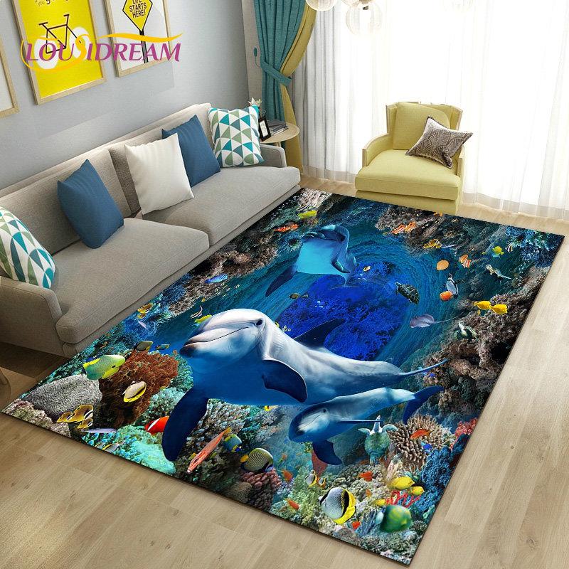 3D-Illusion Unterwasserwelt Meeresboden Delfin Hai Teppich, Teppich für Wohnzimmer Schlafzimmer Sofa Fußmatte Rutschfeste Bodenmatte