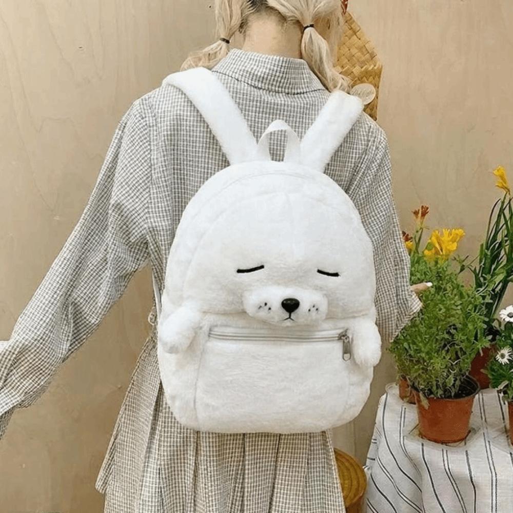 Cartoon Cute Seal Backpack Solid Color Simple Fluffy Seal Schoolbag Versatile Lightweight Shoulder Bag Women Girl Accessories