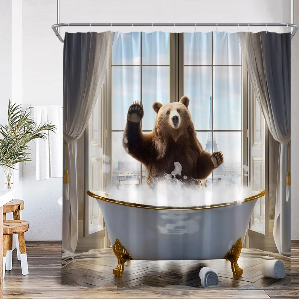Funny Bear Vintage Shower Curtain Bathing Brown Bear Countryside Cabin Wild Animal Retro Bathroom Decor Polyester Bath Curtain