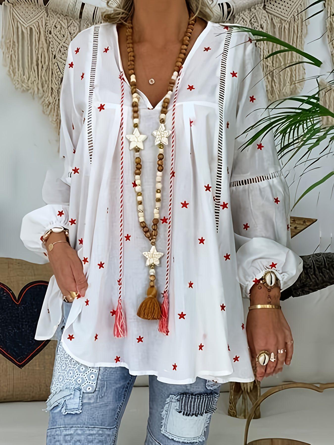 2026 Spring V-neck Star Print Loose Batwing Pullover Shirt 1XL