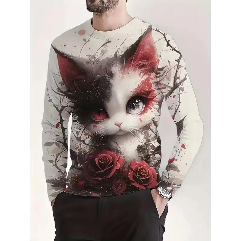 Spring and Autumn 3d Printed Cute Cat Long Sleeve T Shirt for Men Casual Clothing Animal Pattern Top Tees Tshirt Kids Streetwear