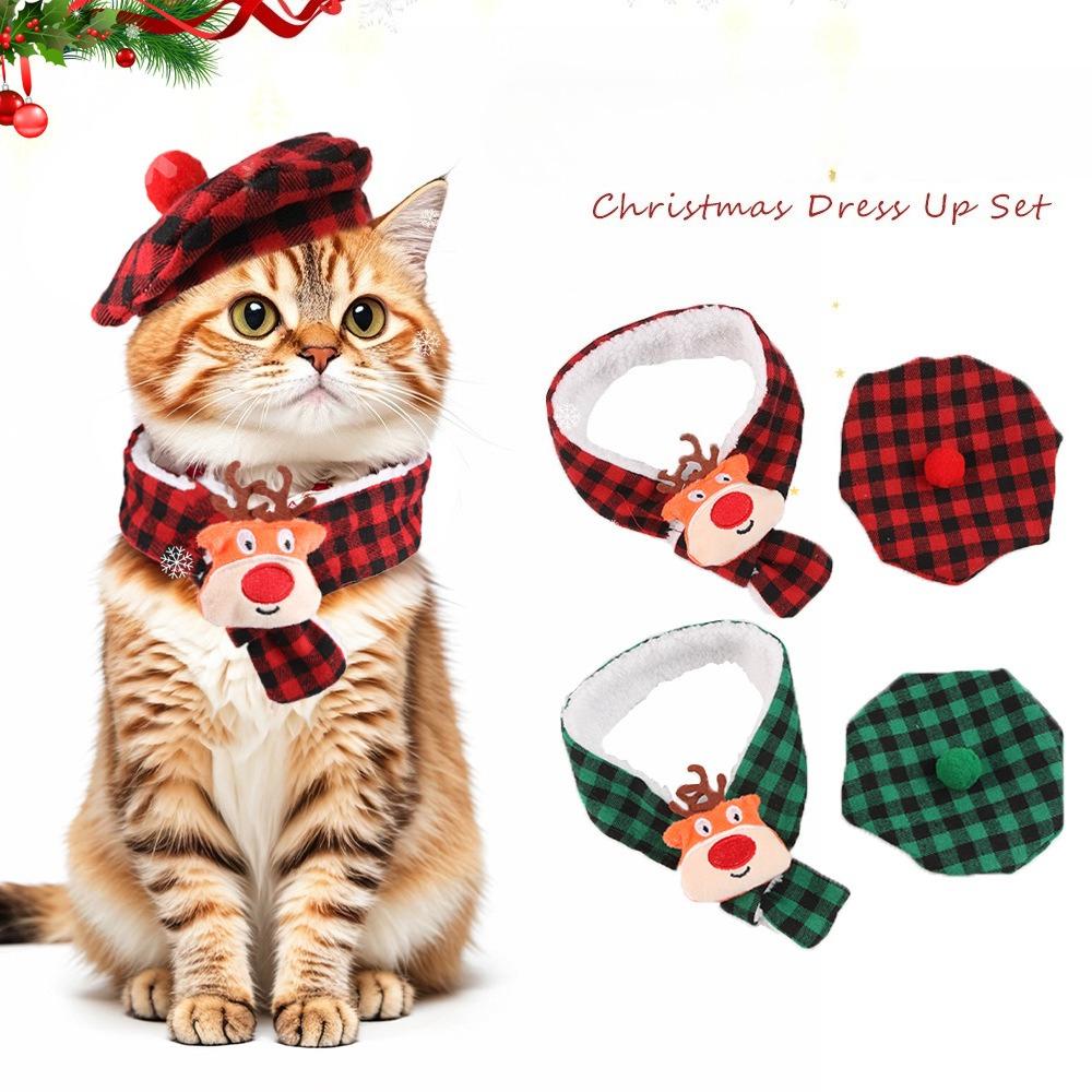 Winter Pet Scarf with 3D Antlers Matching Hat Polyester Xmas Cat Small Dog Plaid Scarf & Hat Warmer Christmas Pet Costume Set