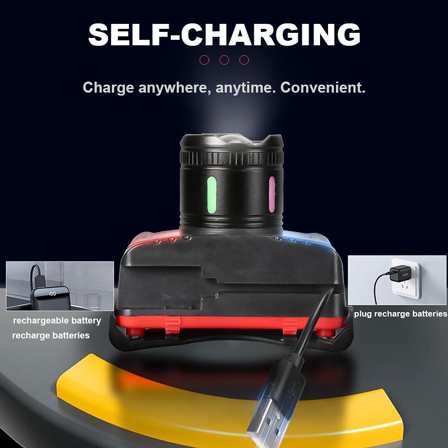 LED Headlamp Strong Light USB Rechageable Portable Fishing Camping Outdoor Head Lamp Work Flashlight with Warning Light