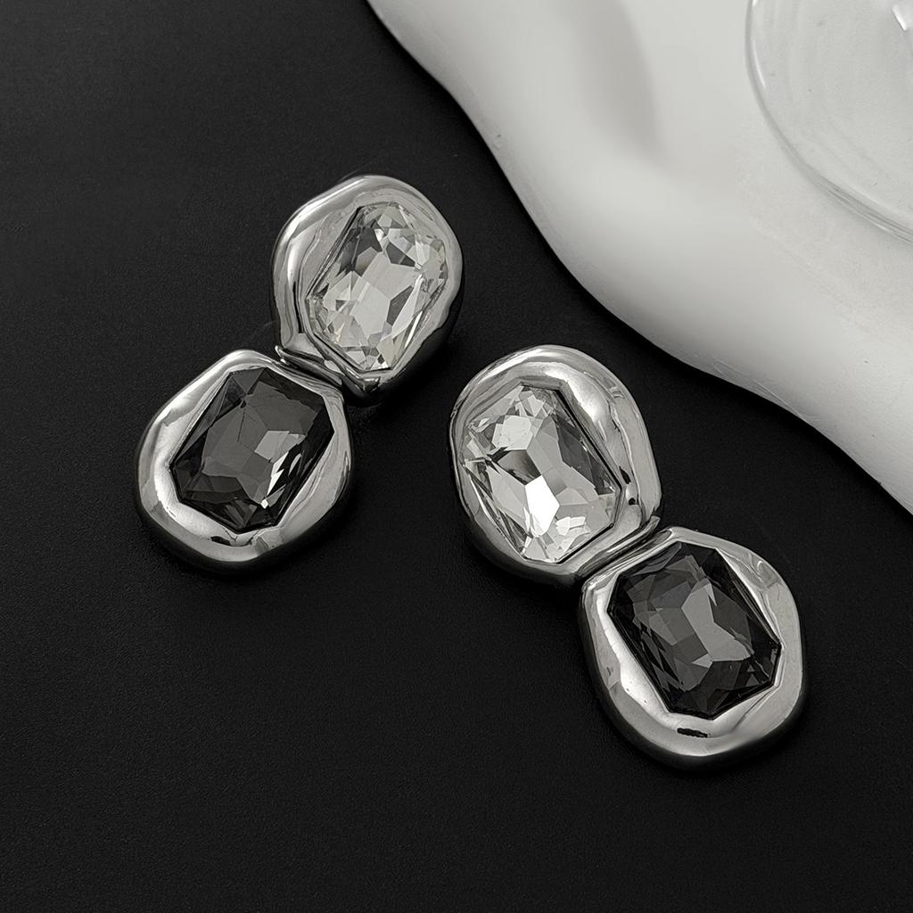 18K Silver Plated Two Tone Crystal Pendant Earrings, Stainless Steel Large Gemstone Declaration Earrings, Women's Modern Jewelry