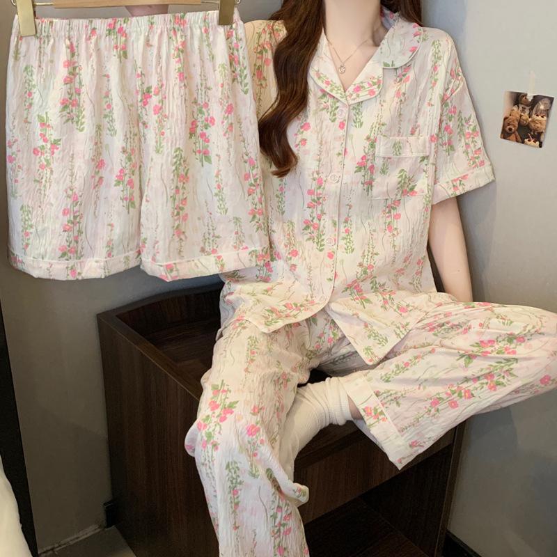 [Three-Piece Set] Summer Cloud Cotton Short-Sleeved Pajamas Women'S Pastoral Floral Niche Loungewear Can Be Worn Outside