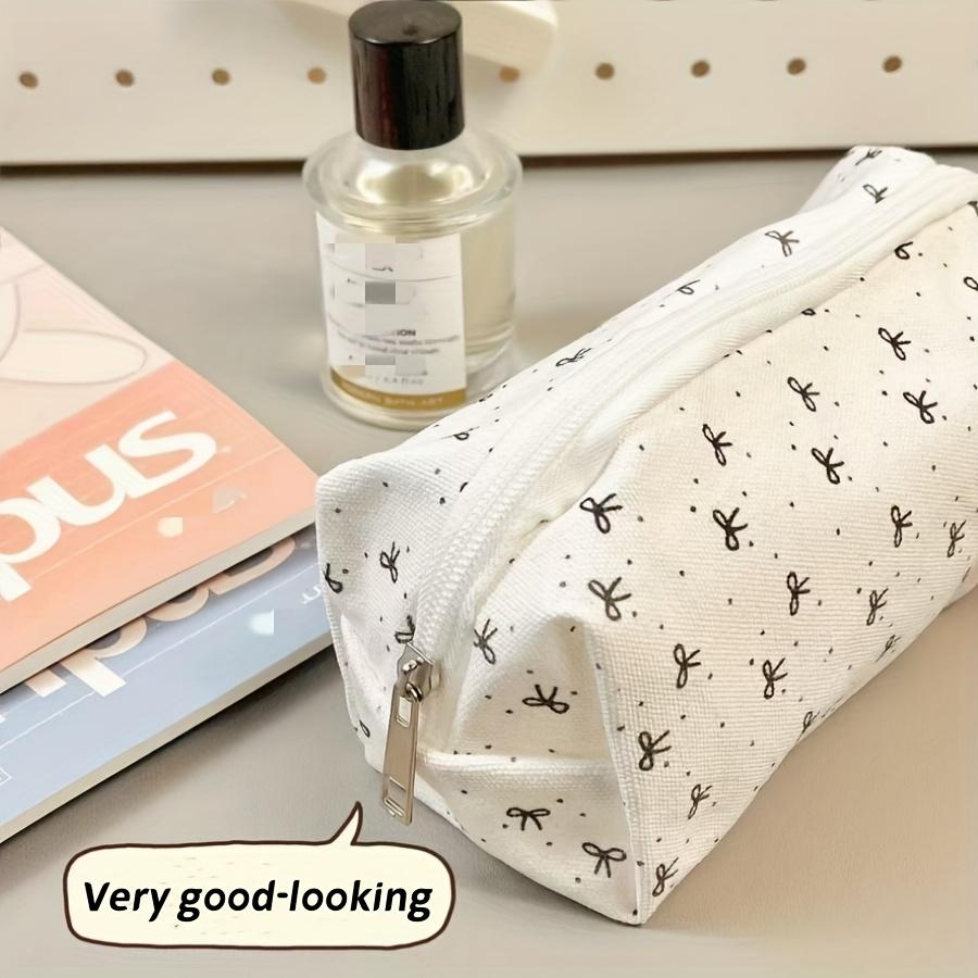 1pc Large Capacity Cosmetic Stationery Organizer Pouch Zipper Closure Bow Design Portable Pouch for School Office Travel Storage