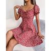 VEZFAA Damenmode Sommer Frühling Blumenmuster Druck Kurzarm Quadratischer Kragen Hohe Taille Freizeitkleider