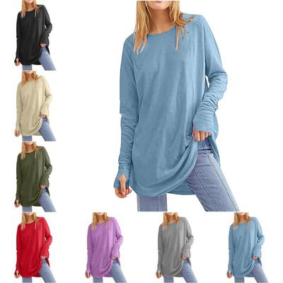 Women's T-Shirt Solid Round Neck Loose Long Sleeve Medium Length Comfy Thumb Hole Shirts Basic Stretch Layer Thumb T-shirt Top