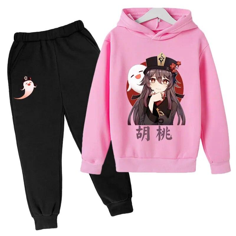 Anime Game Genshin Impact Printed Boys Girls Tracksuit Sets HuTao Pattern Hoodie + Pants 2pcs Sets Fashion Casual Unisex Clothing Children's Set