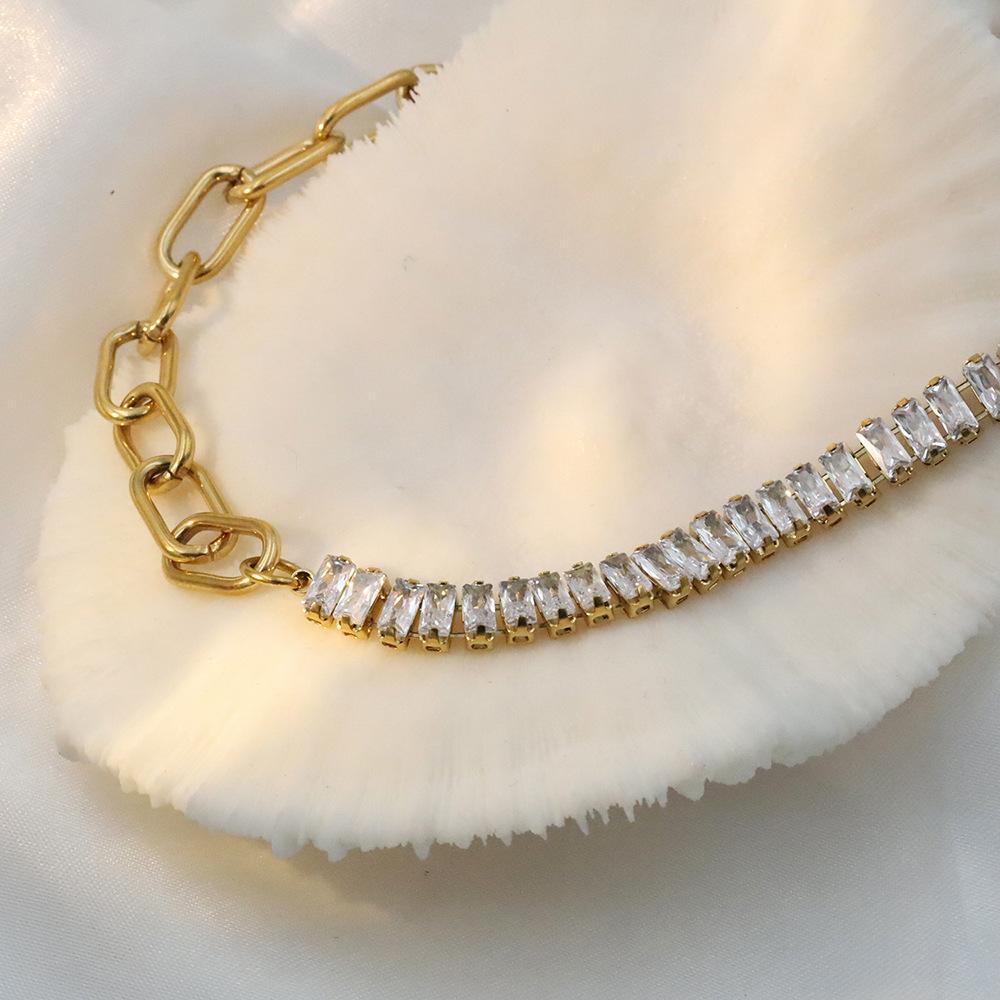 Fashion Titanium Steel Chain Splicing Zircon Necklace Women'S Light Luxury High-End Ot Buckle Necklace Jewelry