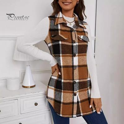 Lady Spring Fall Waistcoat Turn-down Collar Plaid Print Sleeveless Loose Single-breasted Mid Length Vest Coat School Commuting Outerwear