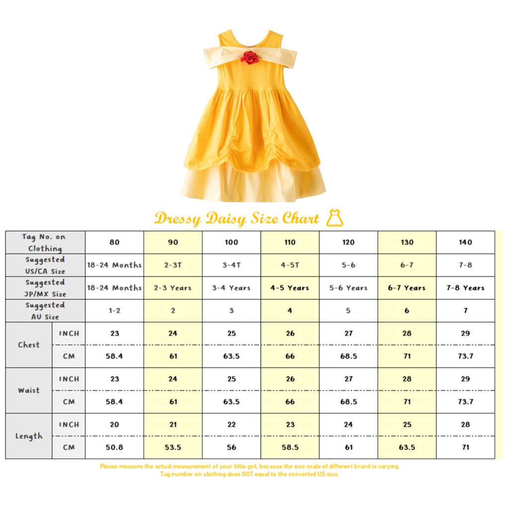 Dressy Daisy Belle Costume for Toddler Girls, Princess Cosplay, Kids' Beauty and the Beast Dress with Skirt, Halloween Costume, Size 115, Yellow,