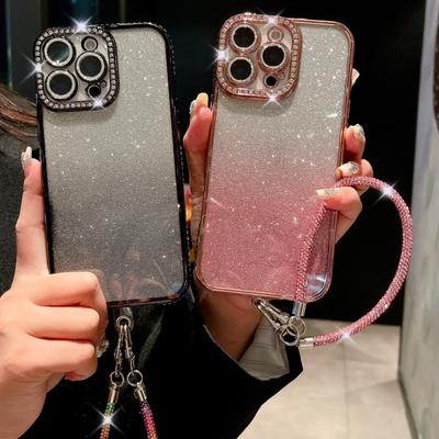 Luxusní pokovené flash kamínky nárazník náramek telefon pouzdro pro iPhone 16 15 14 13 12 11 Pro Max třpytky šňůrka na šňůrku na 15 Plus kryt