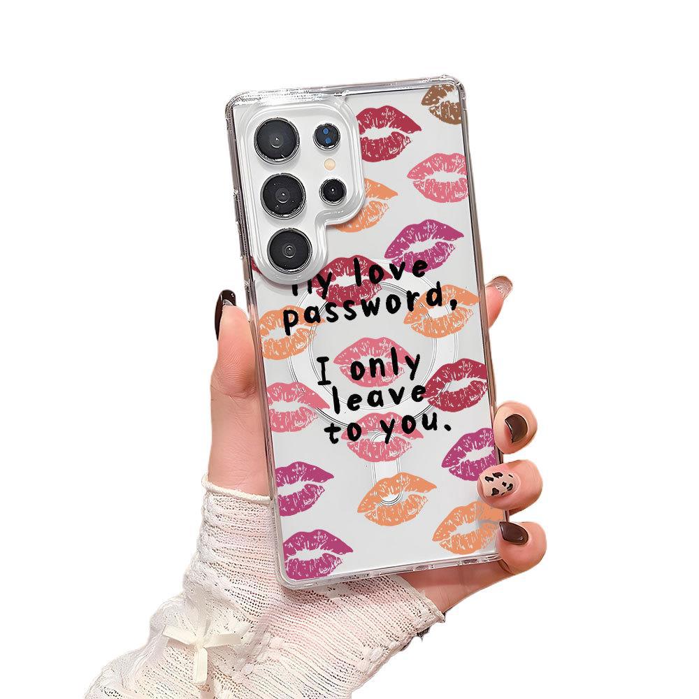 Sweet and cool babes wind red lip print bow transparent magnetic mobile phone case Samsung S23UItra anti-drop protective case