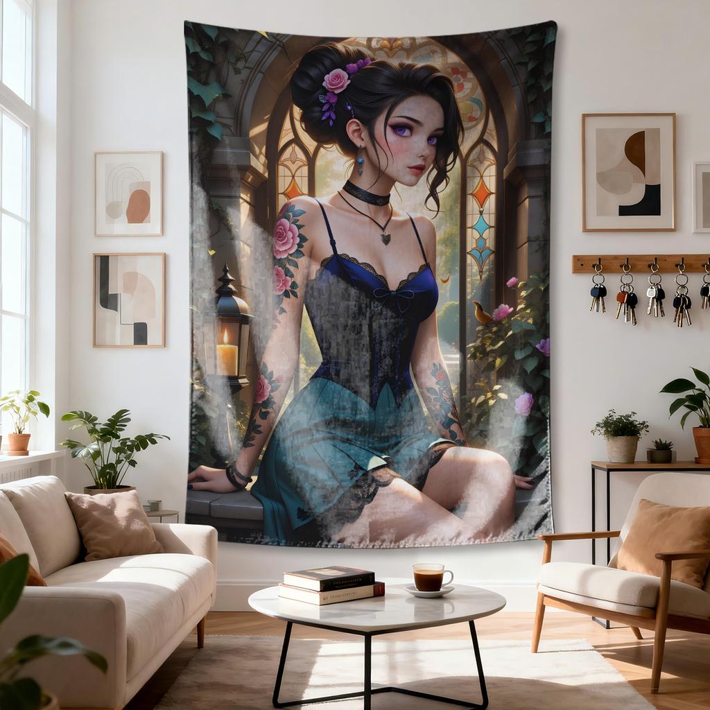 Woman With Floral Tattoos Digital Printing Polyester Wall Tapestry Suitable For Use In Living Rooms Bedrooms Offices Bars Party