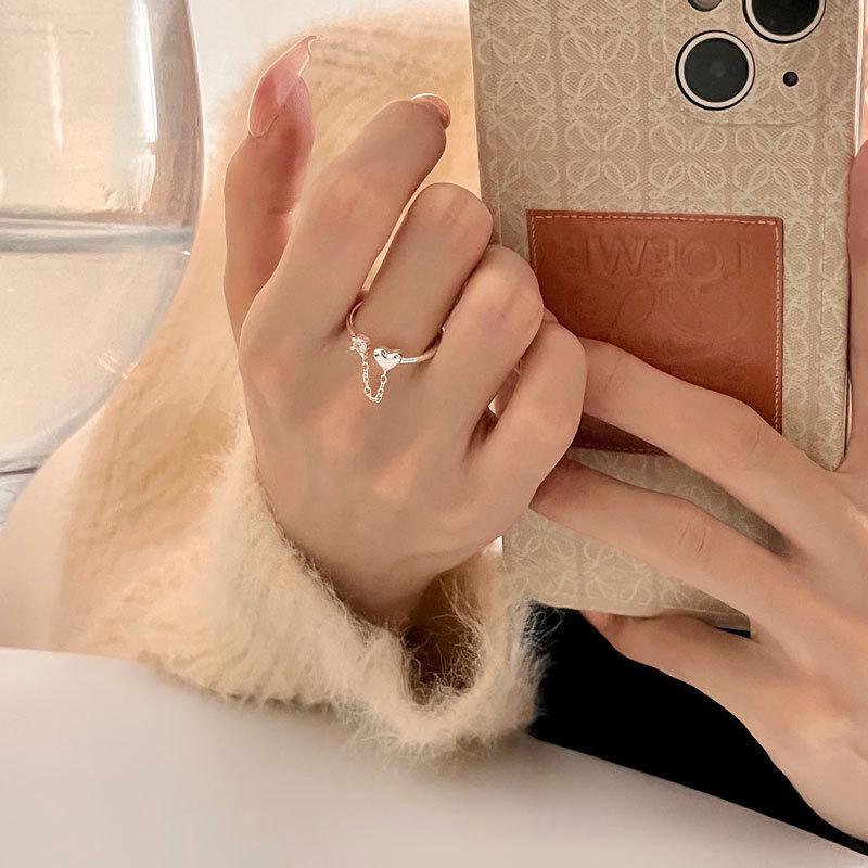 Chic Luxury Heart Tassel Zircon Chain Open Ring for Women