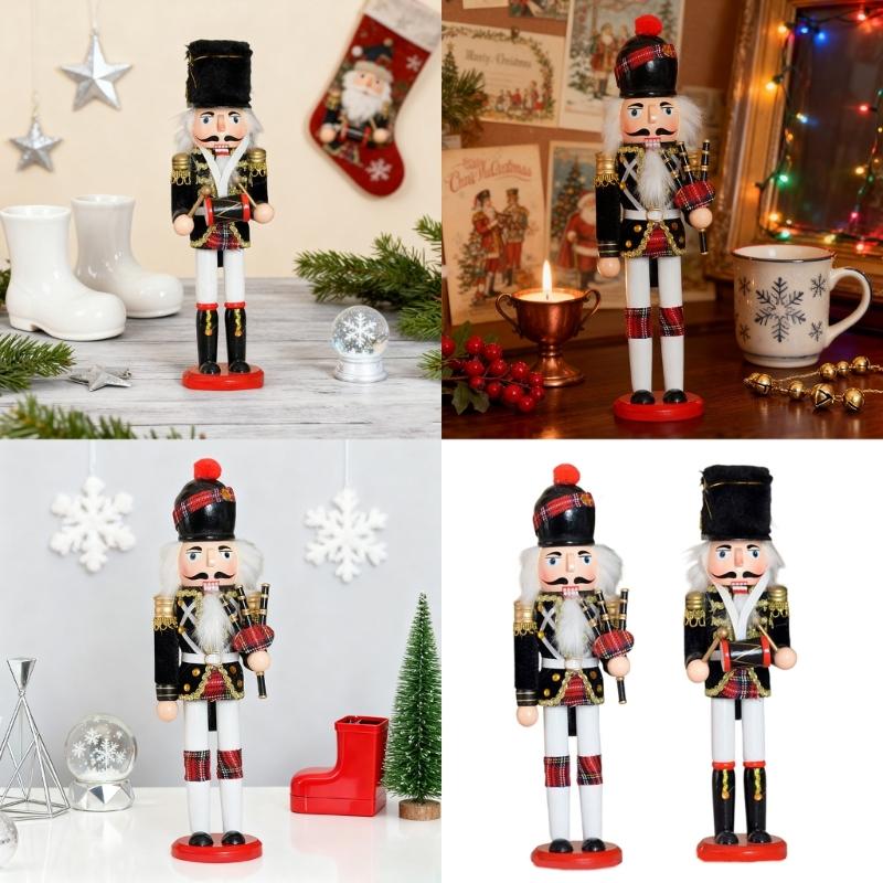 Natural Wood Nutcrackers Statue Ornament 30cm Tall Bagpipe Drummer Soldier Figure Home Decoration For Family Festivities