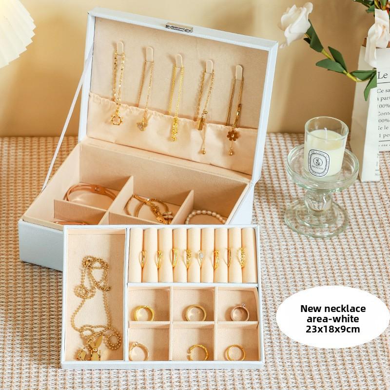 High-end Leather Double-layer Jewelry Box Necklace Ring Jewelry Stud Earrings Display Jewelry Storage Box with Lock