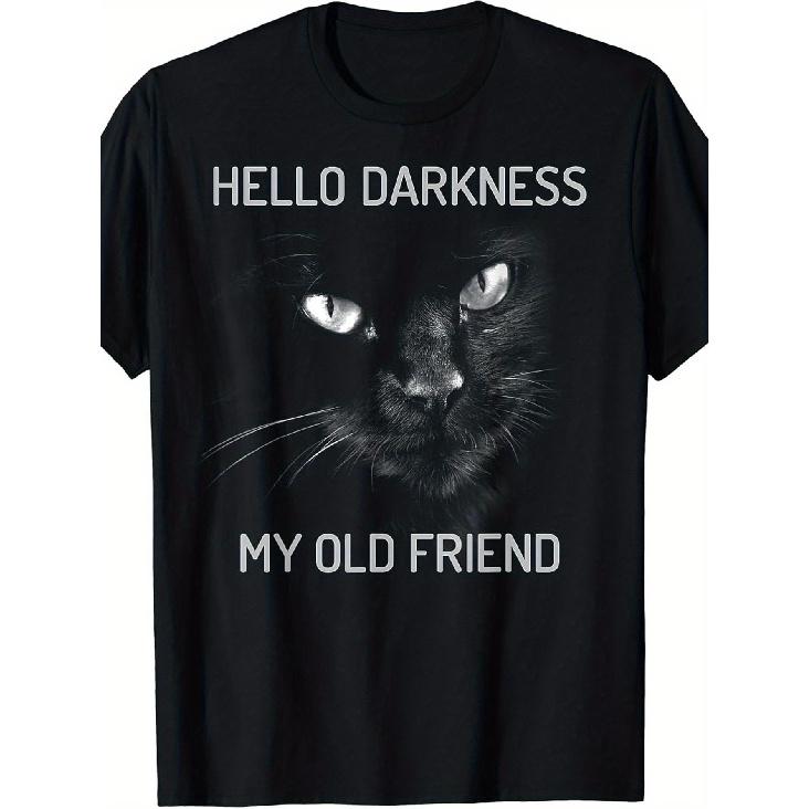 Men S Funny Black Cat T-Shirt - Hello Darkness My Old Friend Vintage Graphic Tee with Glowing Eyes Design - Loose Fit Short Sleeve Round Neck S чёрный