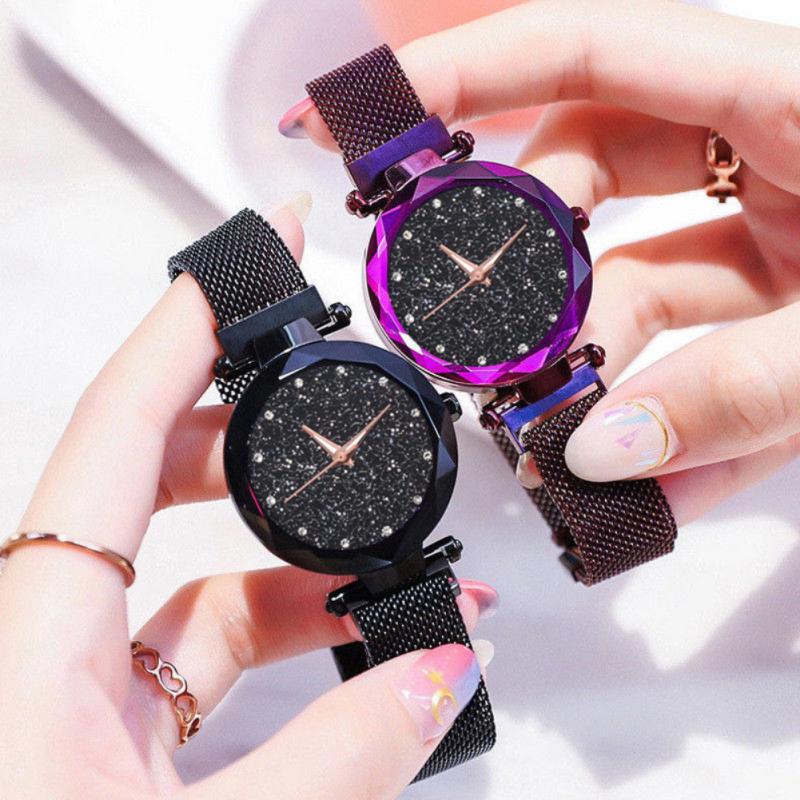 Ladies' Top Brand Star Watch Mesh Magnet Starry Sky Quartz Watch Ladies Magnet Strap Watch Round Dial Magnet Strap Buckle Watch
