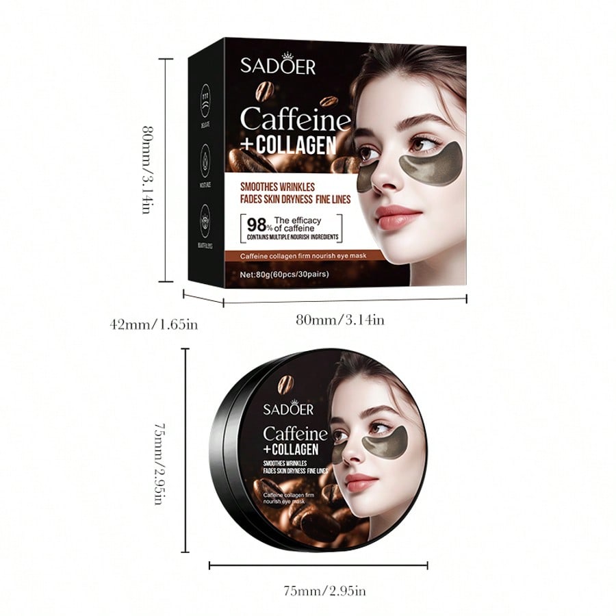 60pcs Caffeine Collagen Firming Anti-Wrinkle Eye Mask, Lightens Dark Circles And Eye Bags, Relieves