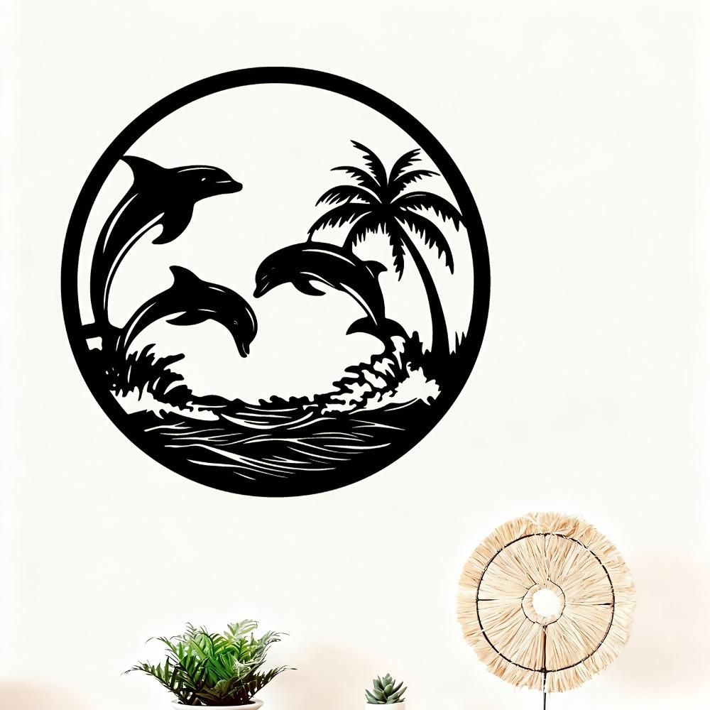 Tropical Dolphin Palm Tree Metal Wall Art Weatherproof Iron Sculpture Outdoor Garden Decor
