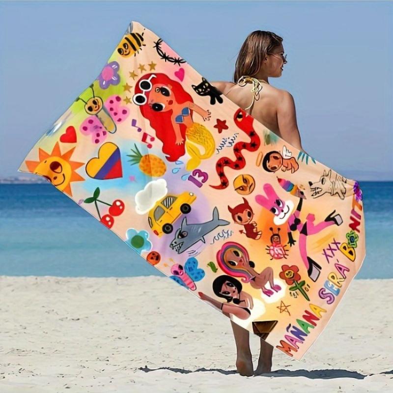 

1pc Karol G Mañana Ser Bonito Album Cover Beach Towel - Vibrant Cartoon Characters, Tropical Palm Trees & Clouds Design W30*H60(CM)