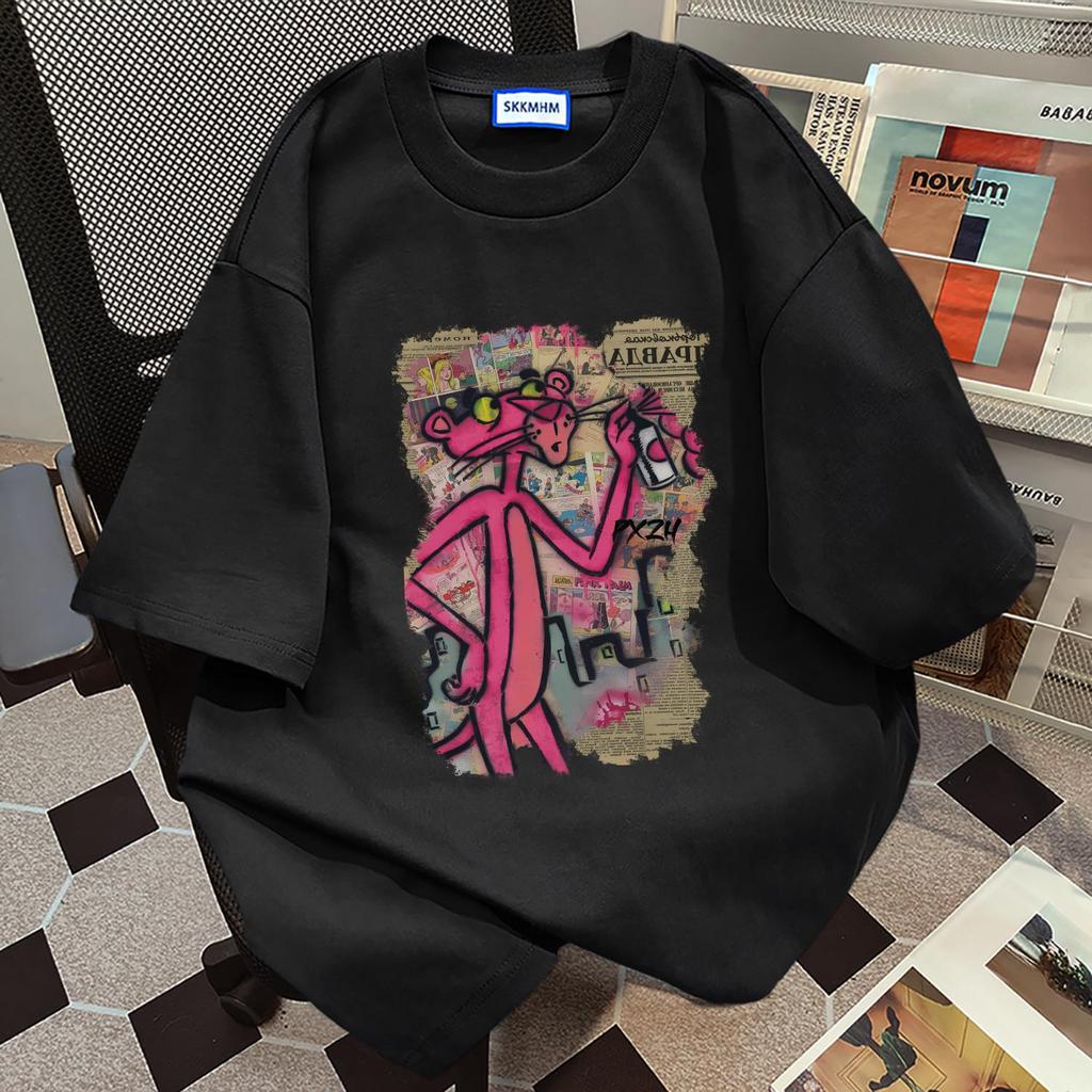 Dam sommar 2024 Lös passform Tecknad tryck Bomulls-T-shirt - Amerikansk stil, Kort ärm, Mångsidig för par, Finns i vitt och grått.