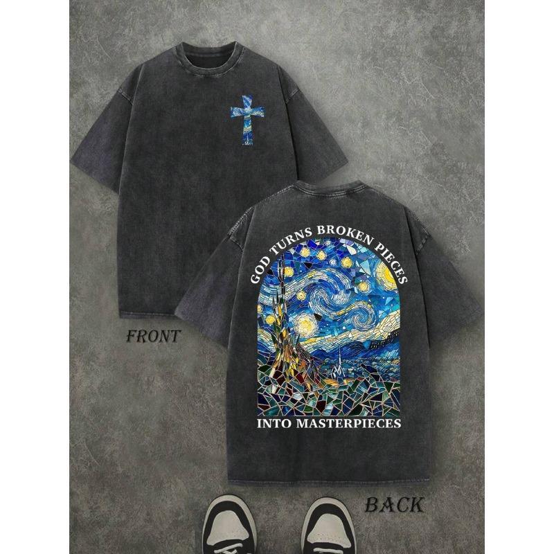 

Retro Washed Double Sided Printed GOD TURNS BROKEN PIECES Letter Print, Christian Gift, Men S, Men S Casual, Comfortable, Fashionable S чёрный