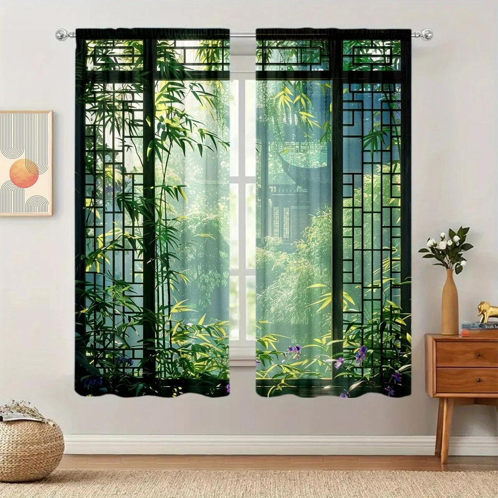 2pcs Verdant Bamboo Curtain  Rod Pocket  Drapes   Privacy Window Treatment   Living Room Decor  Holiday Window Decor   Nature Home De