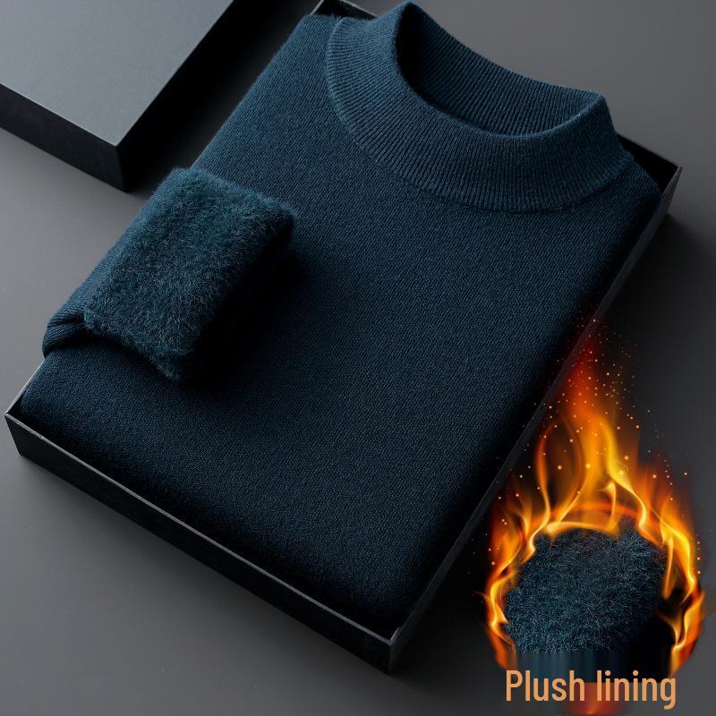 Men's Velvet Knit Sweater - Warm Half-High Collar, Thickened Base Layer
