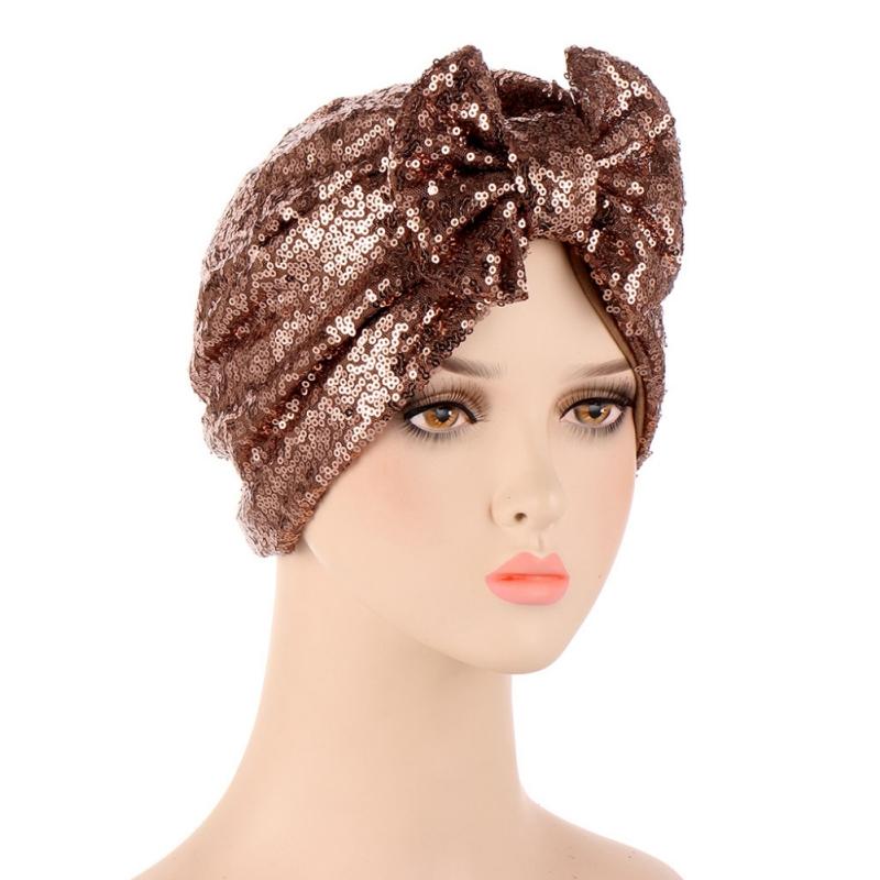 Turban Hat Bag Cap Bow Sequin Muslim Solid Color Hat