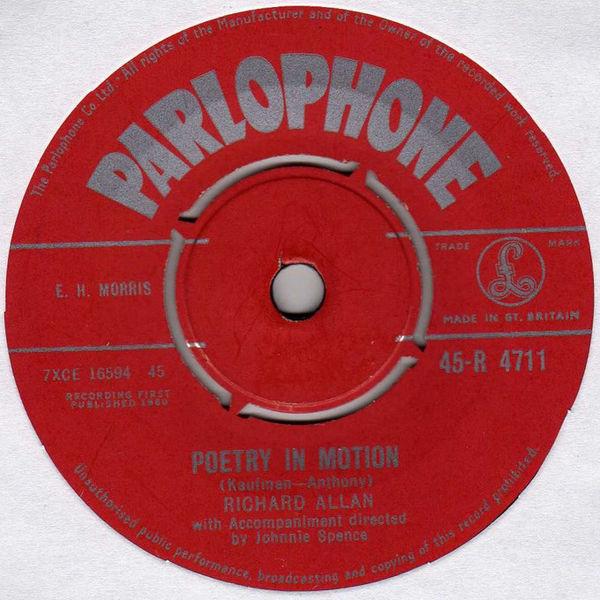 

7-дюймовая пластинка RICHARD ALLAN Poetry In Motion 45R4711 Parlophone 1960 UK Поп Б/у