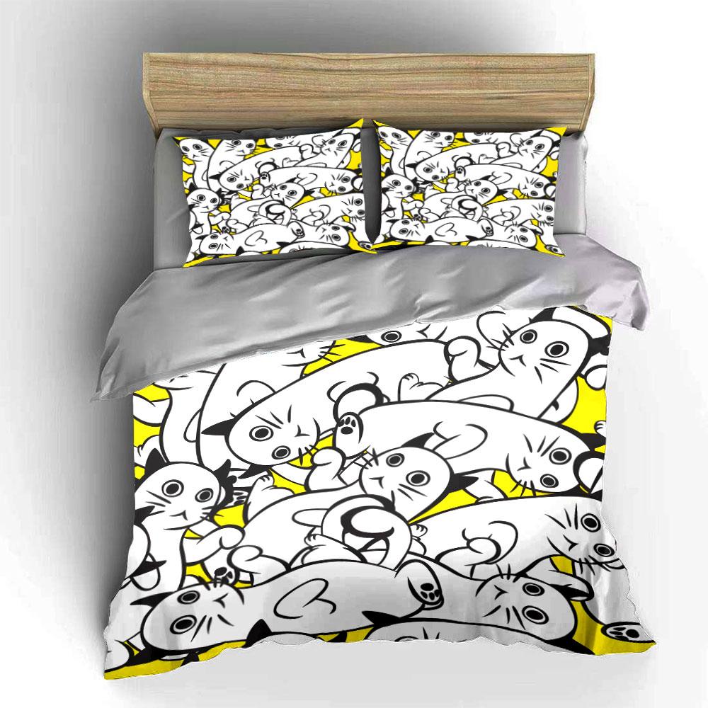 Cute Black and White Cat Pattern Bedding Duvet Cover Set  (1*Duvet Cover 2*Pillowcases, Without Duvet Insert)