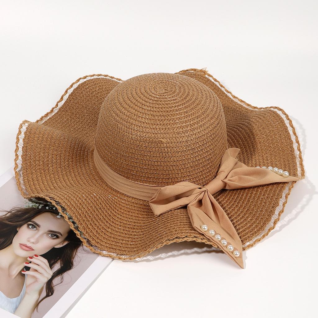 Straw Hat Female Summer Waves Along Big Bow Sunshade Sunscreen Travel Beach Hat Korean Version Holiday Face Covering Sun Hat