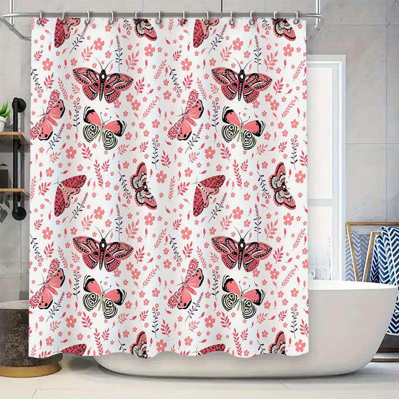 

Vibrant Butterfly Pattern Shower Curtain For Bathroom Decor Pink Floral Design Fabric Waterproof Home Decoration W60H190(CM)-1 Pcs