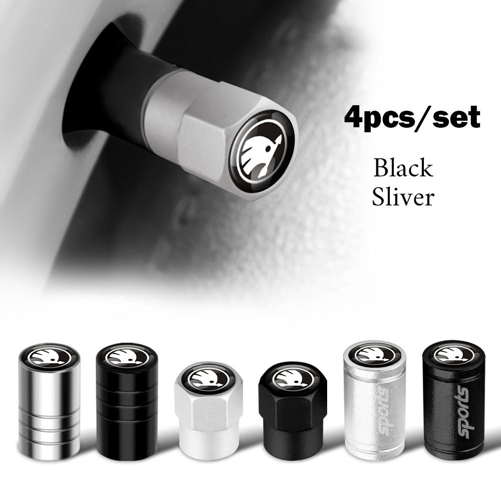 AAAJC1 4Pcs Car Metal Wheel Tire Valve Stem Cap For Skoda Kodiaq Octavia Enyaq Kamiq Scala Rapid Superb Karoq Vision RS Yeti A7 VRS MK2
