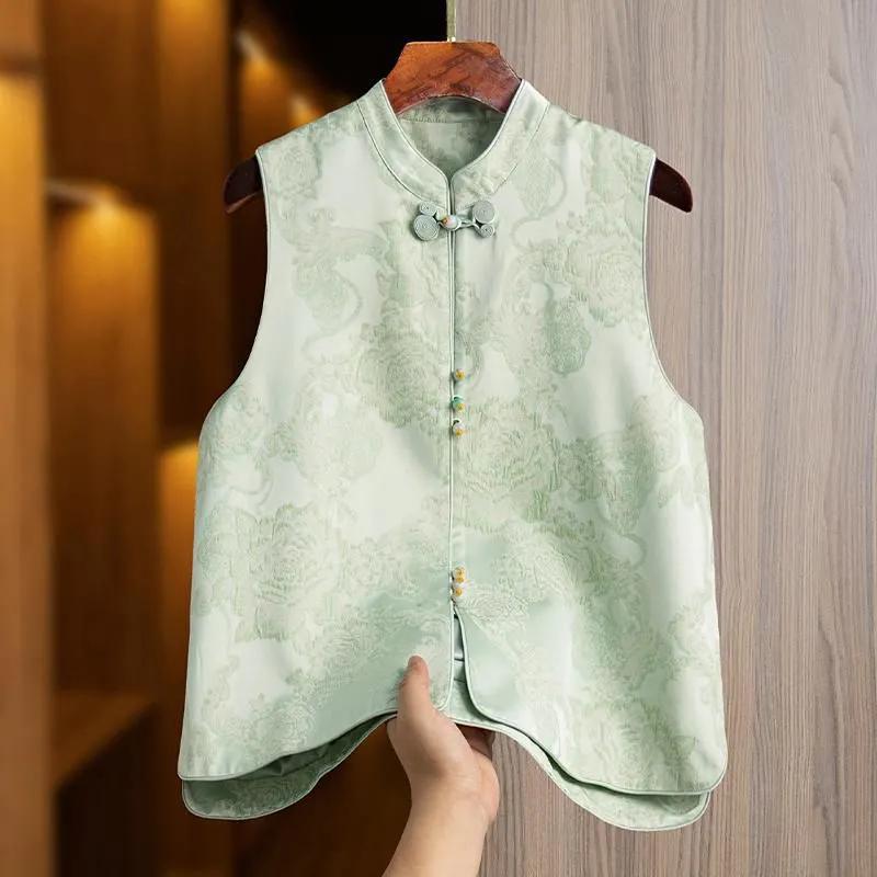 

Chinese Style Jacquard Vest For Women Stand Collar Sleeveless Loose Casual Waistcoat S зелений