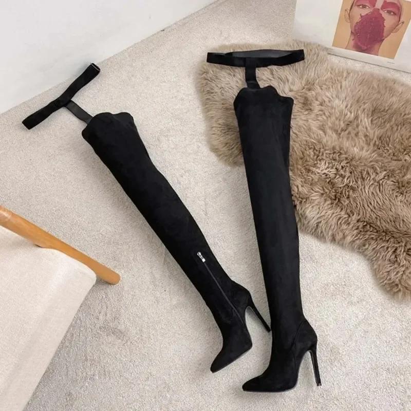 Fashion Sexy/Club Long Thigh High Women Boots Genuine Leather Pointed Buckle Belt Thin High Heel Over-the-knee Jumpsuit Boot Shoe