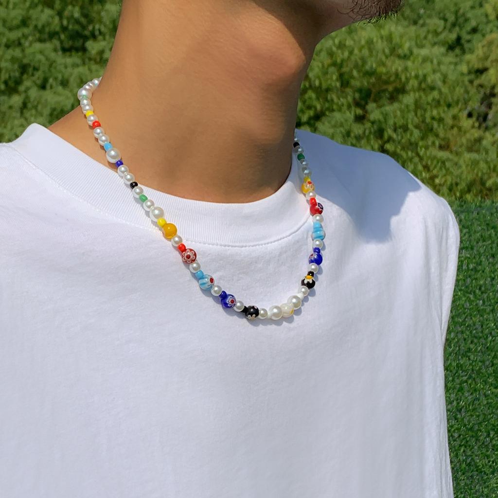 Glass Flower Patchwork Colorful Beaded Necklace for Men Trendy Fashionable Sunshine Boy Colorful Versatile Collarbone Chain