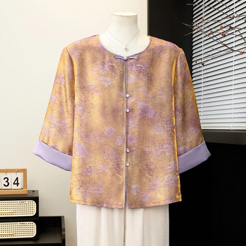 

Fashionable Chinese Style Spring/Summer Jacket for Middle-aged and Elderly Women - 2026 Three-Quarter Sleeve Top 4XL (Recommended 135-150 jin)
