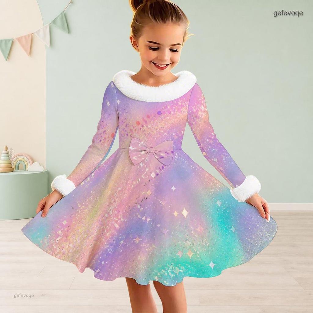 Girls High Neck Long Sleeve Pastel Printed A Line Flared Dress With Faux Fur Trim Big Bow