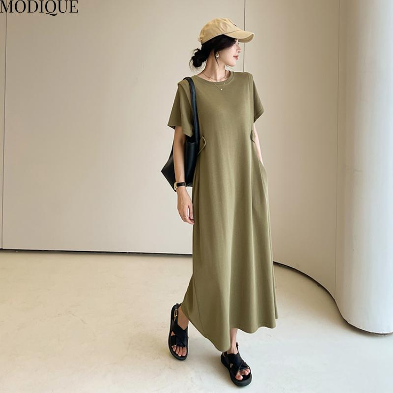 MODIQUE Summer Plus Size New Women Loose Minimalist Solid Color Long Dress Female Casual Short Sleeve O-Neck Dresses