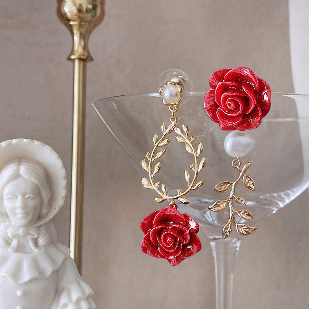Temperament For Girls Korean Dangle Earrings Red Rose Flower Women Stud Earrings Drop Earrings